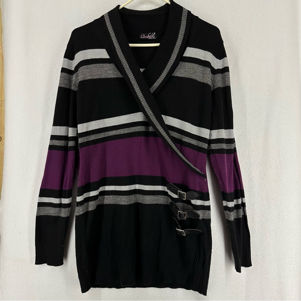 Questions Long‎ Sleeve Buckle Striped Tunic Sweater Womens Large Black